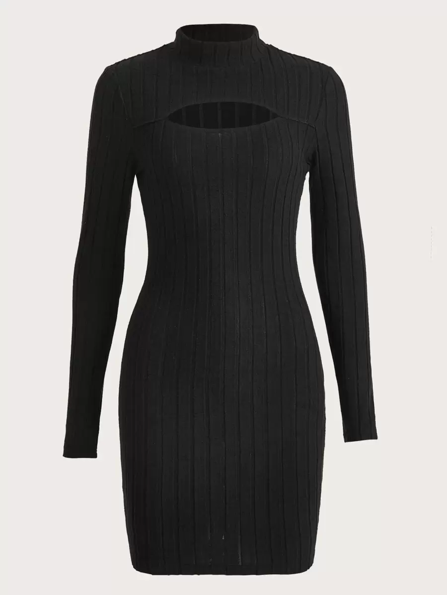SHEIN EZwear Autumn And Winter Black Wide Ribbed Cut Out Mock Neck Long Sleeves Bodycon Dress - Black - View 1