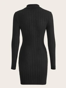 SHEIN EZwear Autumn And Winter Black Wide Ribbed Cut Out Mock Neck Long Sleeves Bodycon Dress - Black - View 2