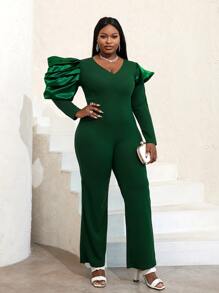 Plus Gigot Sleeve V Neck Jumpsuit - Dark Green - View 1