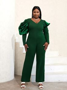 Plus Gigot Sleeve V Neck Jumpsuit - Dark Green - View 3