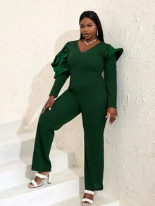 Plus Gigot Sleeve V Neck Jumpsuit - Dark Green - View 6