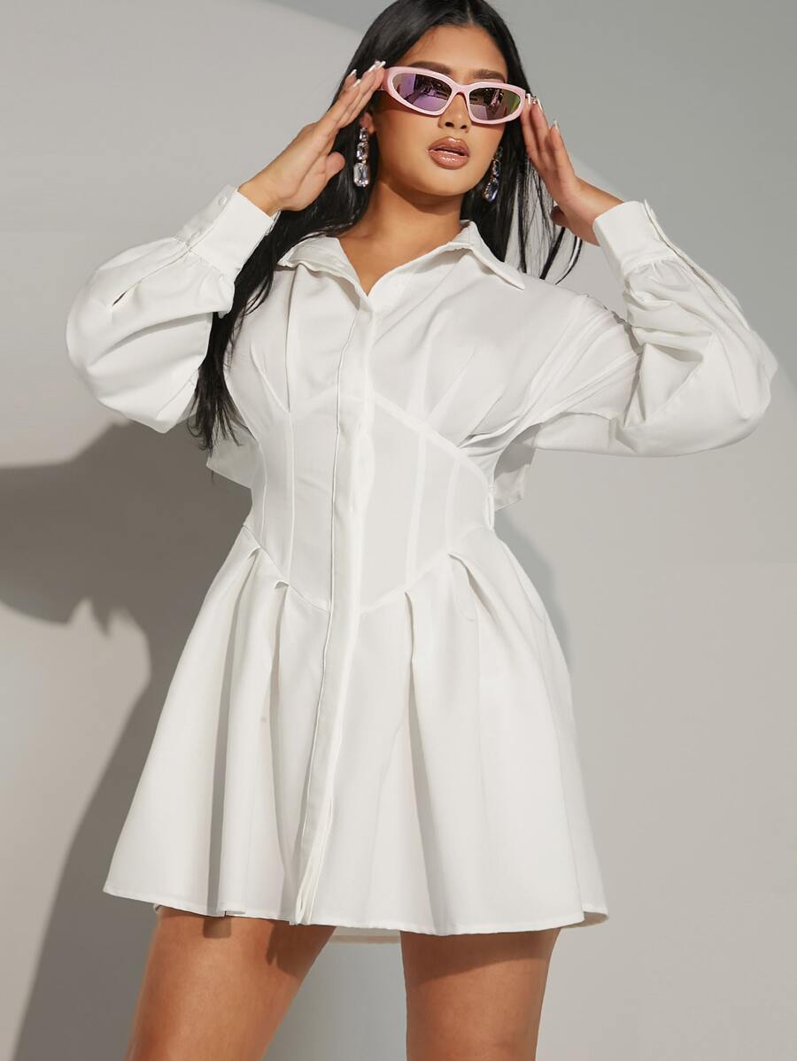 Hauture Lace Up Back Corset Shirt Dress - White - View 1