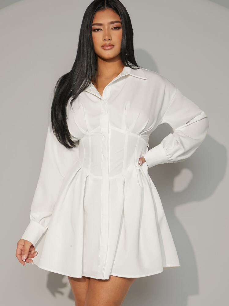 Hauture Lace Up Back Corset Shirt Dress - White - View 4