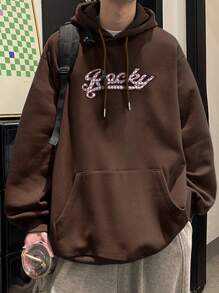 Manfinity Men Slogan Graphic Kangaroo Pocket Drawstring Hoodie - Coffee Brown - View 2