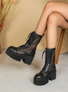 Mesh Panel Lace-up Front Combat Boots - Black - View 2