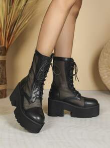 Mesh Panel Lace-up Front Combat Boots - Black - View 4