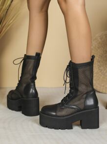 Mesh Panel Lace-up Front Combat Boots - Black - View 5