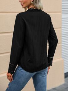 Contrast Lace V Neck Blouse - Black - View 2