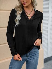 Contrast Lace V Neck Blouse - Black - View 3