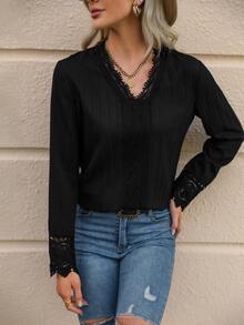Contrast Lace V Neck Blouse - Black - View 4