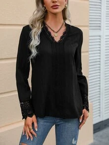 Contrast Lace V Neck Blouse - Black - View 5