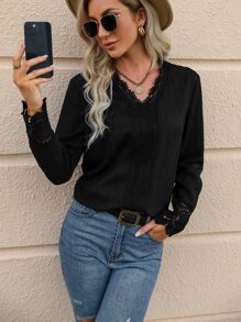 Contrast Lace V Neck Blouse - Black - View 6