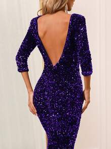 Shoulder Pad Sequin Mermaid Formal Dress - Purple - View 3