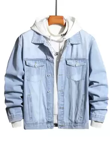 Manfinity Hombres Cazadora mezclilla con bolsillo con solapa sin camiseta - Lavado ligero - Ver 1