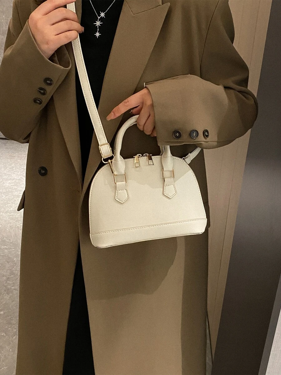 Bolso cruzado pequeño para mujer, clásico, con doble cremallera, asa superior, bolso satchel tipo cúpula, bolso de hombro - Beis - Ver 1