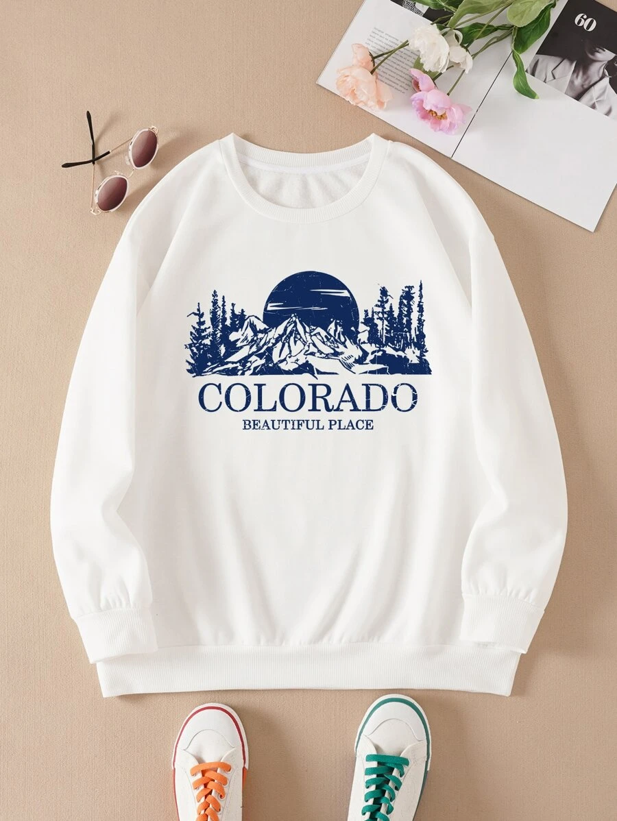 SHEIN EZwear Plus Mountain & Letter Graphic Thermal Pullover - White - View 1