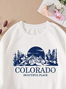 SHEIN EZwear Plus Mountain & Letter Graphic Thermal Pullover - White - View 3