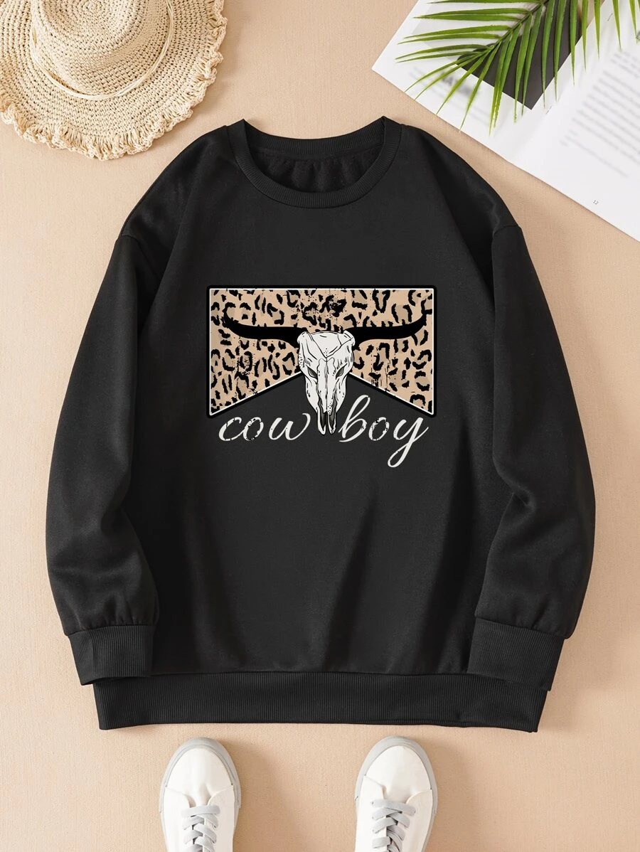 SHEIN LUNE Plus Leopard & Letter Graphic Thermal Lined Sweatshirt - Black - View 1