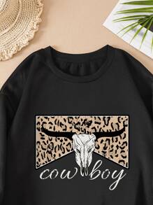 SHEIN LUNE Plus Leopard & Letter Graphic Thermal Lined Sweatshirt - Black - View 3
