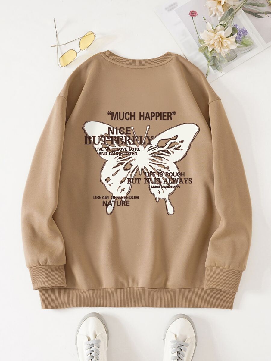 SHEIN EZwear 大碼標語和蝴蝶印花加絨內裏運動衫 - 卡其色 - 查看 1