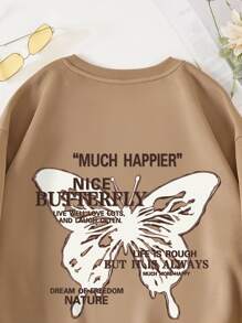 SHEIN EZwear 大碼標語和蝴蝶印花加絨內裏運動衫 - 卡其色 - 查看 3