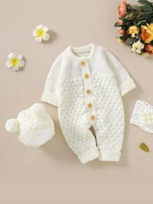 Baby Raglan Sleeve Knit Jumpsuit & Accessory Hat - Beige - View 1