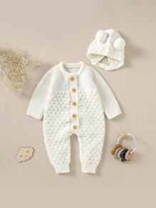 Baby Raglan Sleeve Knit Jumpsuit & Accessory Hat - Beige - View 4
