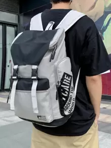 Men Two Tone Letter Graphic Backpack Nylon Minimalist For Travel Vacation Camping Sport Waterproof Oversized Portable Travelling Bag Gym Bag