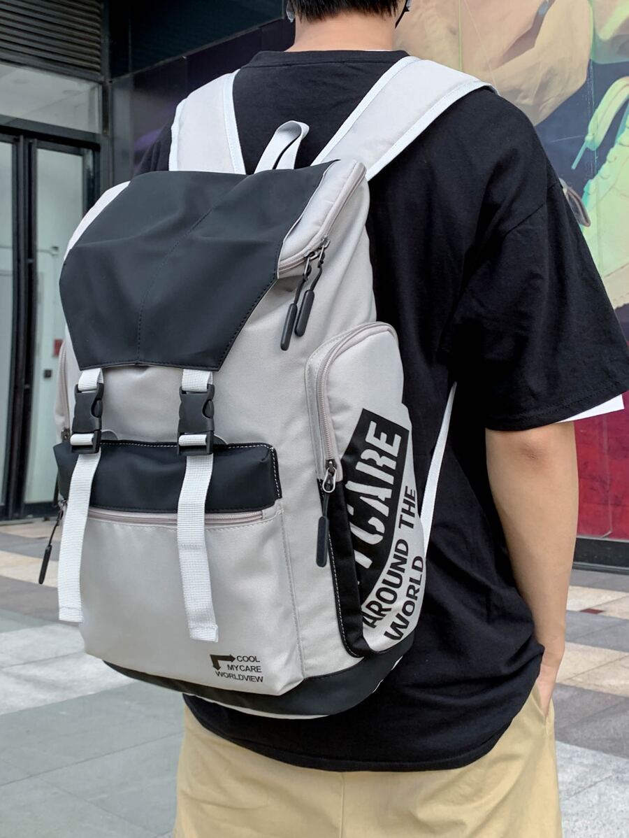 Men Two Tone Letter Graphic Backpack Nylon Minimalist For Travel Vacation Camping Sport Waterproof Oversized Portable Travelling Bag Gym Bag