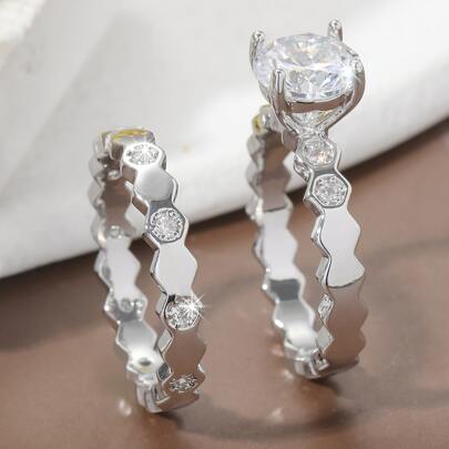 2pcs Couple Cubic Zirconia Decor Ring