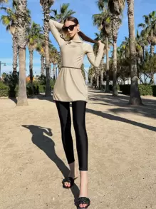 Swim Mulvari Full Body Ruched One Piece Burkini Swimsuit With Beach Skirt,Summer BeachArabic Clothing - Khaki - View 2