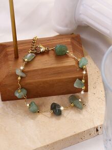 1 件波西米亚海滩风格时尚双层不锈钢手链，带不对称绿色宝石，适合女士（宝石尺寸各异）