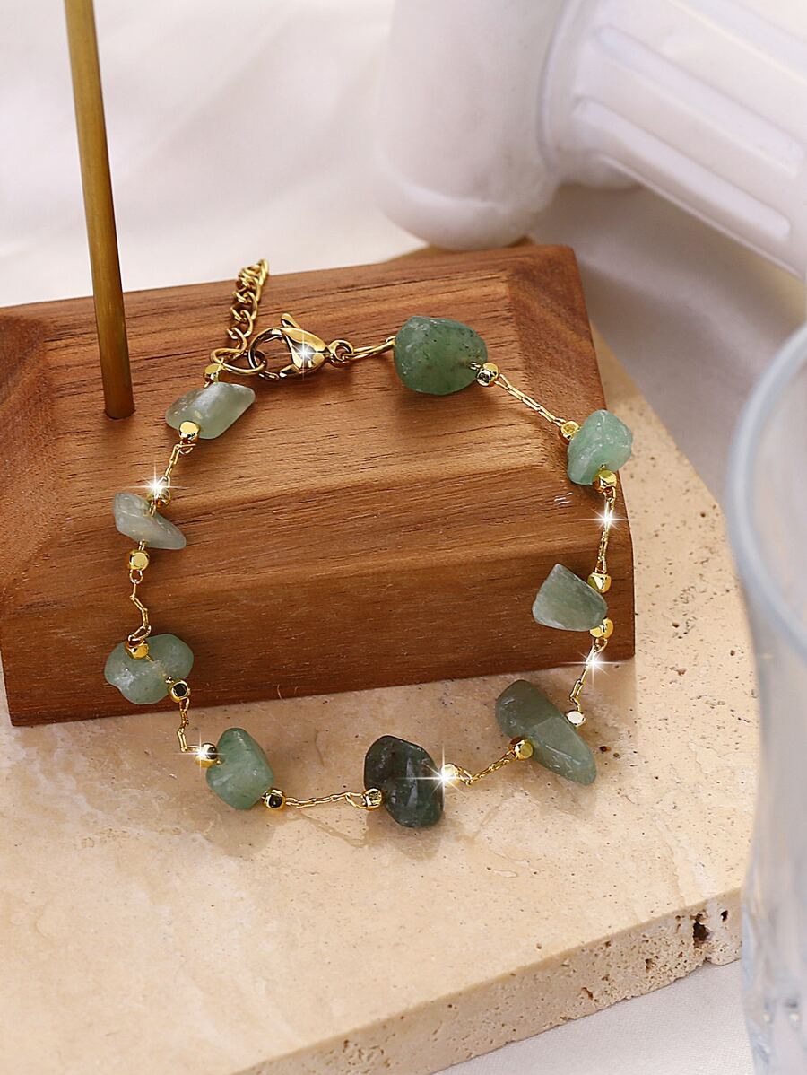 1 件波西米亚海滩风格时尚双层不锈钢手链，带不对称绿色宝石，适合女士（宝石尺寸各异）