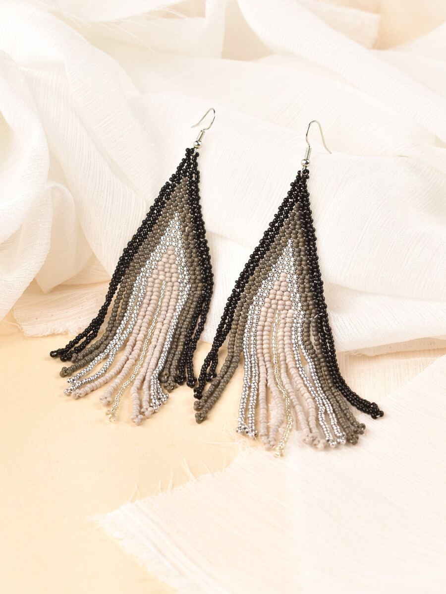 撞色串珠流蘇耳墜 - 彩色 - 查看 1