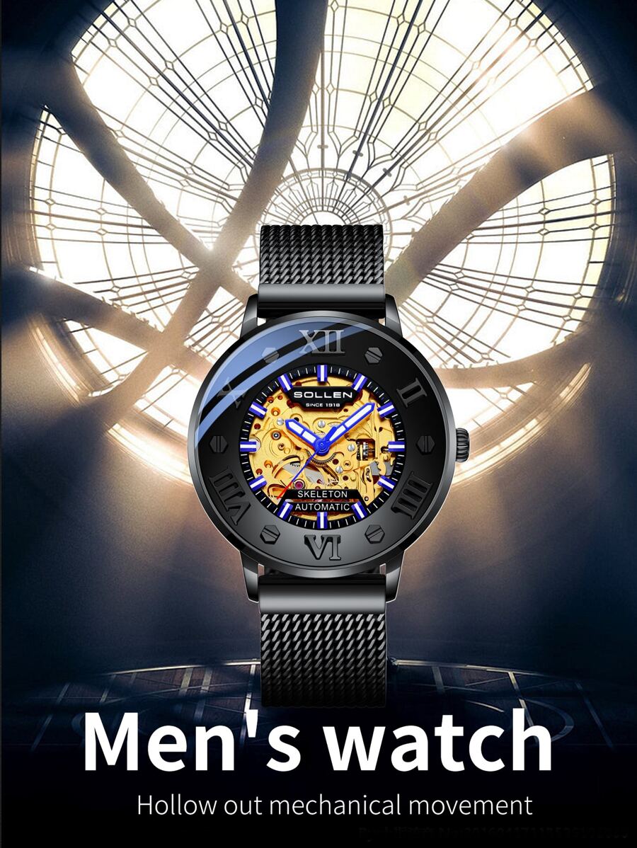 SOLLEN Reloj automático mecánico para hombre, resistente al agua, de moda, luminoso, con tallado hueco doble cara - Negro - Ver 1