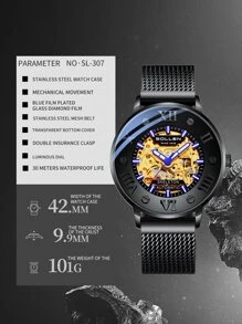 SOLLEN Reloj automático mecánico para hombre, resistente al agua, de moda, luminoso, con tallado hueco doble cara - Negro - Ver 3