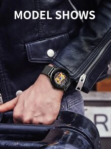 SOLLEN Reloj automático mecánico para hombre, resistente al agua, de moda, luminoso, con tallado hueco doble cara - Negro - Ver 2