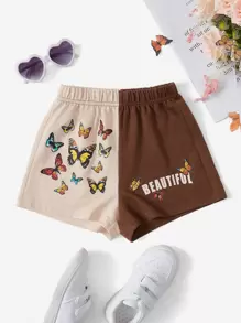 SHEIN Girls Butterfly & Letter Graphic Two Tone Shorts - Multicolor - View 1