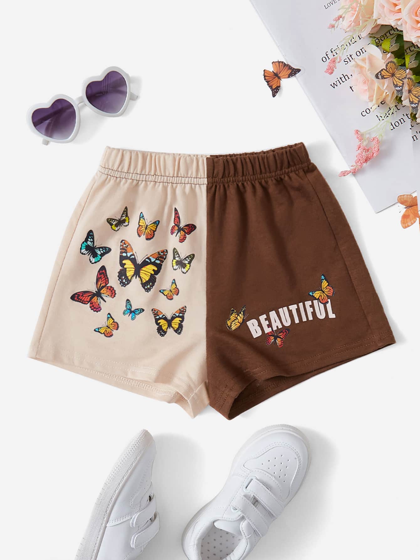 SHEIN Girls Butterfly & Letter Graphic Two Tone Shorts - Multicolor - View 1