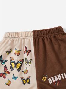 SHEIN Girls Butterfly & Letter Graphic Two Tone Shorts - Multicolor - View 3