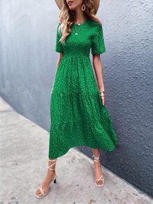 GENKIRA Đầm Viên lá sen Họa tiết hoa Thanh lịch - màu xanh lá - Xem 1