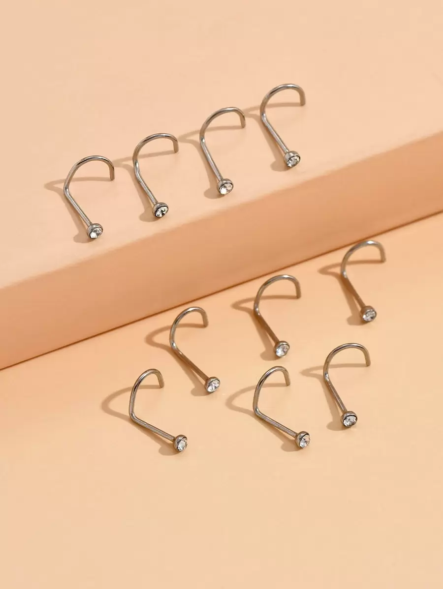 12pcs/set Fashionable Rhinestone Decor Nose Stud Stainless Steel For Women & Men No Piercing Needed Septum Body Jewelry - White - View 1