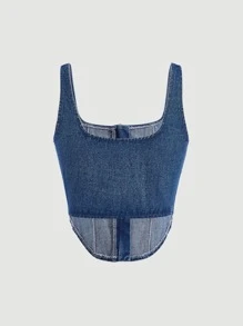 SHEIN MOD Top en mezclilla con cremallera bajo curvo - Azul lavado oscuro - Ver 3