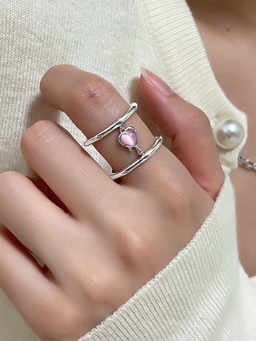 Anillo abierto con adorno de corazón - Plateado - Ver 1