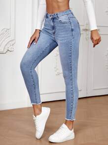 SHEIN Essnce Raw Cut Skinny Cropped Jeans - Light Wash - View 1