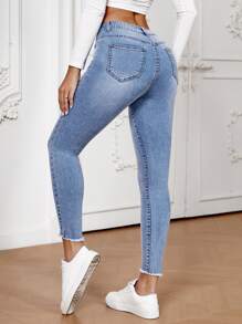 SHEIN Essnce Raw Cut Skinny Cropped Jeans - Light Wash - View 2