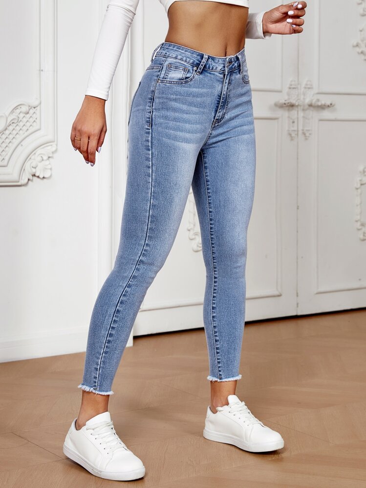 SHEIN Essnce Raw Cut Skinny Cropped Jeans - Light Wash - View 3