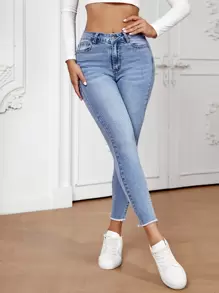 SHEIN Essnce Raw Cut Skinny Cropped Jeans - Light Wash - View 5