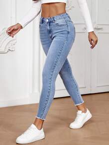 SHEIN Essnce Raw Cut Skinny Cropped Jeans - Light Wash - View 6