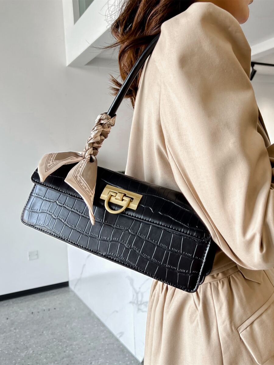 Dập nổi cá sấu Khăn quàng cổ gầy Trang trí Đập nhẹ Cái túi - màu đen - Xem 1